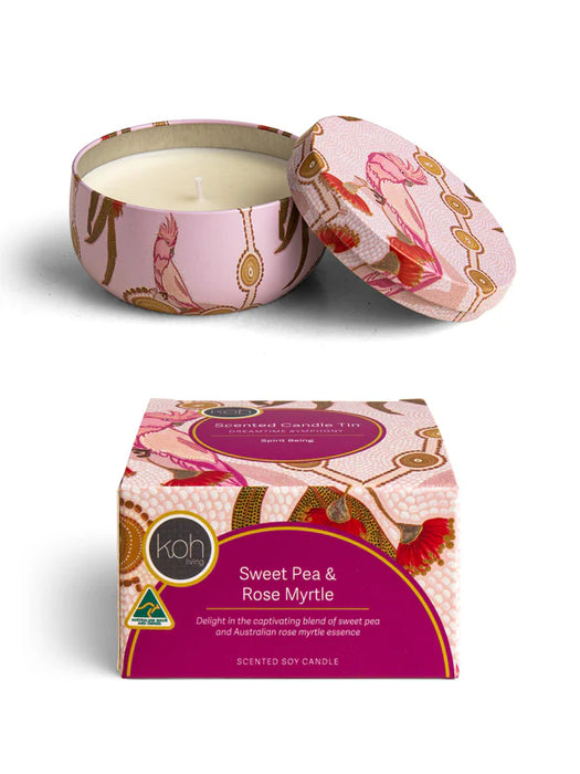 Koh Living Aboriginal Scented Sweet Pea & Rose Myrtle Candle Tin 170g
