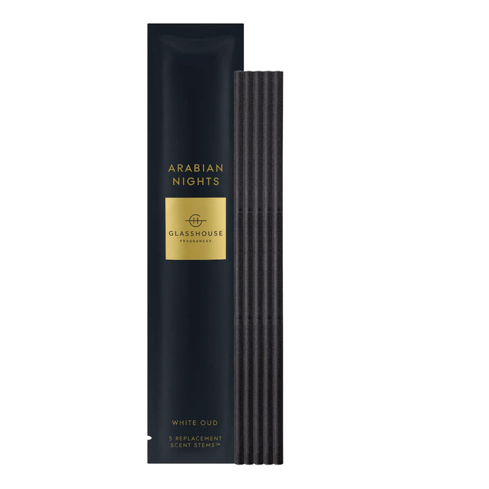 a product called "Arabian Nights" by Glasshouse Fragrances, which is a white oud. The product is packaged in a black box with a gold label, and it contains 5 replacement scent stems.