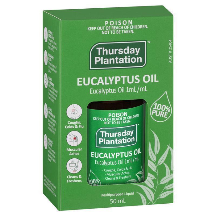 a green box containing a bottle of eucalyptus oil and a dropper bottle, along with some text and icons.