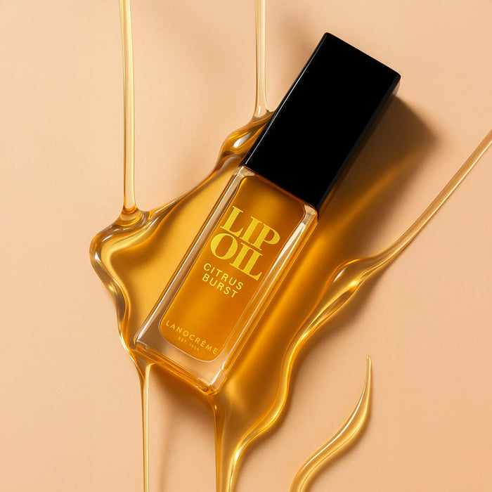 A bottle of LIP OIL, specifically the Citrusburst product, is shown with a golden liquid dripping from it against a peach-colored background.