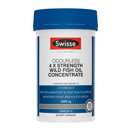 a bottle of Swiss Ultraboost Odourless 4 X Strength Wild Fish Oil Concentrate, which is a concentrated fish oil product.