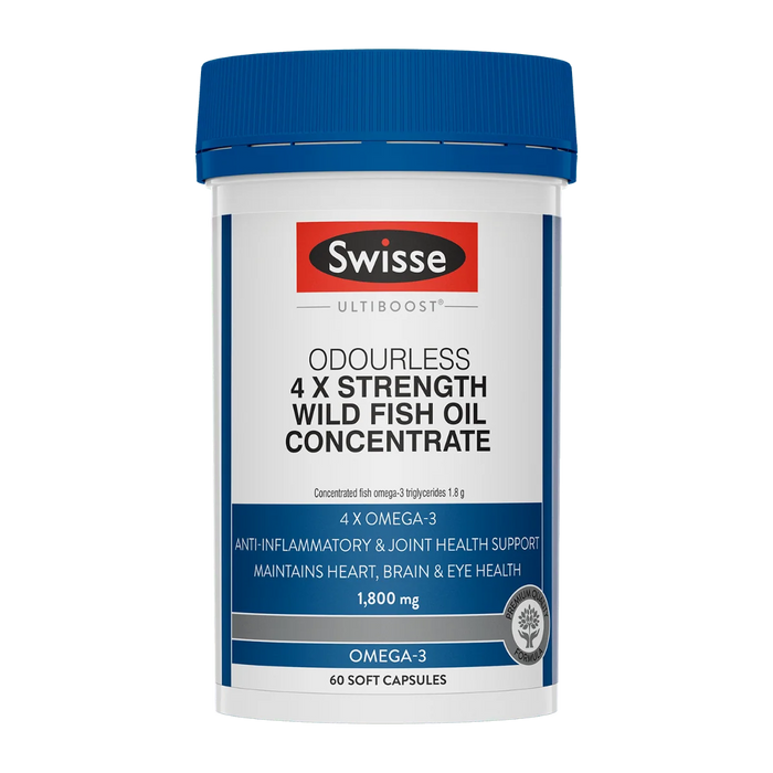 a bottle of Swiss Ultraboost Odourless 4 X Strength Wild Fish Oil Concentrate, which is a concentrated fish oil product.