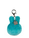 A teal-colored plush keychain with a metal clasp and a small tag attached to it.