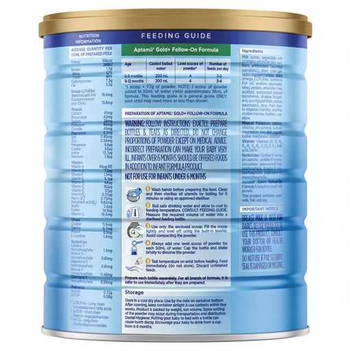 The image is a nutrition feeding guide for a product called "Aptamil Gold Follow-On Formula". The guide provides information on the recommended feeding guidelines and instructions for preparing and using the product.