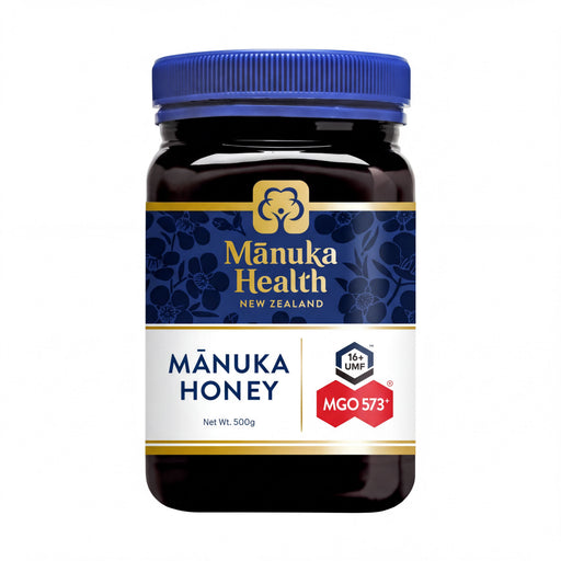 a jar of Manuka Honey from New Zealand, with a blue cap and a label that includes the brand name and product information.