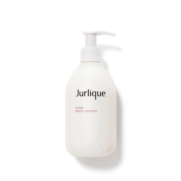 A white pump bottle of Jurlique Rose Body Lotion.