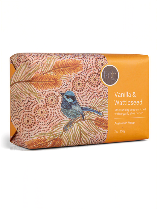 a soap package with a bird illustration and text that reads "Vanilla & Wattleseed".
