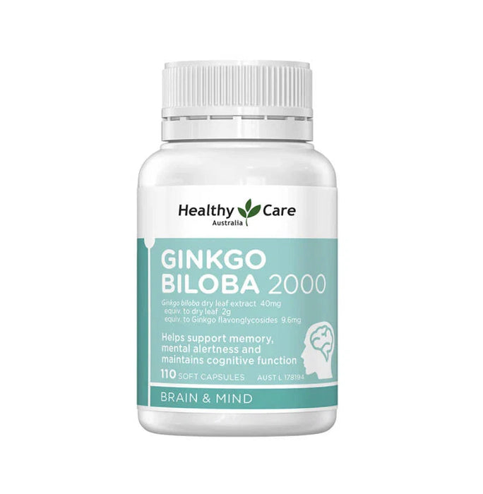 a bottle of Ginkgo Biloba 2000, a supplement from Healthy Care Australia.