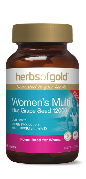 A brown glass bottle with a gold cap, containing a multivitamin supplement for women.