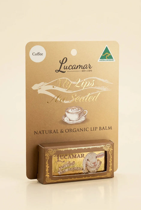a product called "Lucamar My Lips Are Sealed" lip balm, which is a natural and organic lip balm.