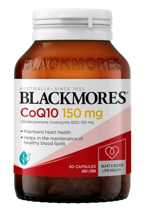 a bottle of Blackmore's CoQ10 150 mg capsules, with a label that provides information about the product.