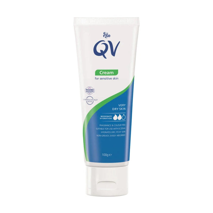 A tube of QV cream for sensitive skin, containing 100g of the product.