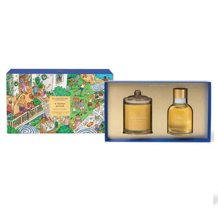 two perfume bottles, one larger and one smaller, placed in a blue box with a colorful illustration of people and a garden scene.