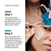 The image is a collage of two photos showing the steps to apply a facial cleanser. The first photo shows a person applying the cleanser onto their face and neck using a pump, while the second photo shows the person rinsing their face with the cleanser.