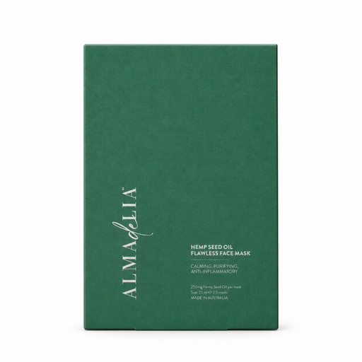 a green box containing a product, likely a face mask. The box has text on it, indicating that it is a product from the brand AlmaDella.