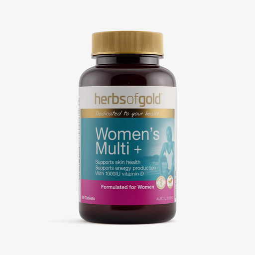 A bottle of Herbs of Gold Women's Multi+ supplement, specifically designed for women.