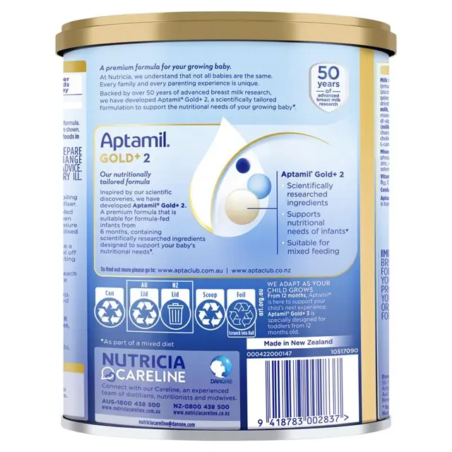 The image is a detailed view of the back of a milk can, showing the nutritional information and ingredients of the product.