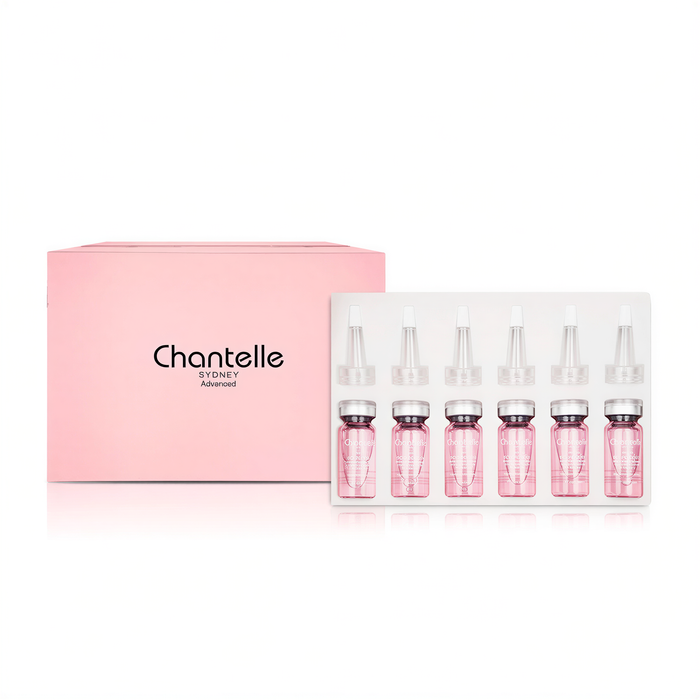 A pink box labeled "Chantelle" and a set of six identical pink bottles with clear plastic tops, all arranged in a row.