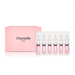 A pink box labeled "Chantelle" and a set of six identical pink bottles with clear plastic tops, all arranged in a row.