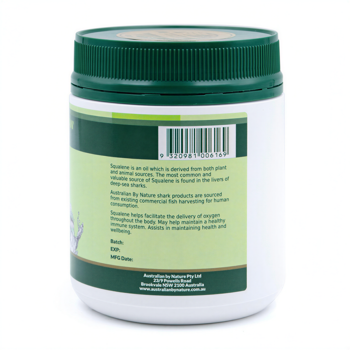 The image is a bottle of Squalene supplement, which is an ingredient in the product.