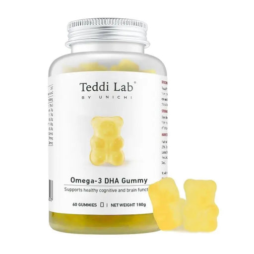 A bottle of Teddi Lab's Omega-3 DHA gummy bears, with a label that includes the product name and benefits.