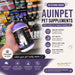 The image is an advertisement for pet supplements, specifically focusing on a purple pill labeled "Auinpet" for dogs. The ad highlights the benefits of the product, such as immune support, gut health, and skin and coat care, and emphasizes that it is available in selected stores. The ad also mentions that the product is Australian-made and backed by science, and is loved by pets.