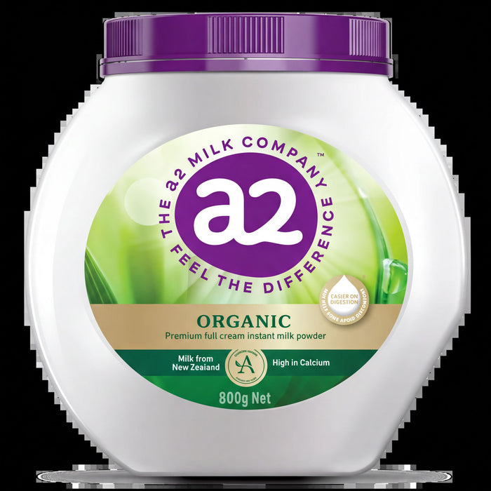 A2 Milk Company's Organic Premium full cream instant milk powder bottle with a purple cap.