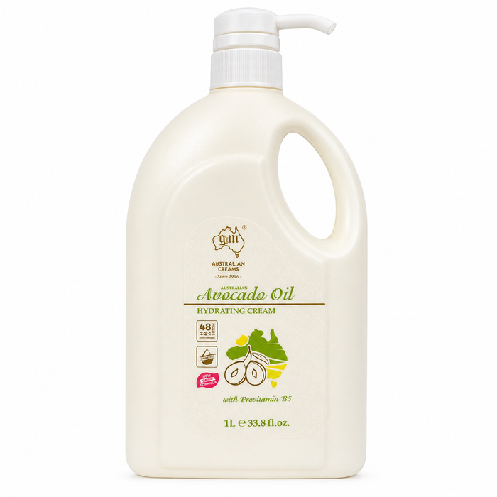A large white plastic pump bottle with a pump dispenser, containing a liquid product labeled as avocado oil.