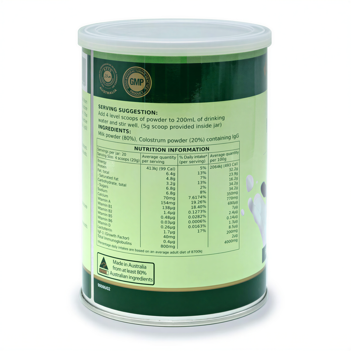a green can of a powdered drink mix, with nutritional information and serving suggestion details printed on it.