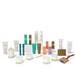 a variety of beauty and personal care products, including candles, lotions, and other skincare items, arranged on a white background.