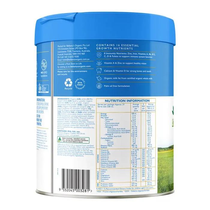 a nutrition information label for a product, likely a powdered drink mix, with various nutritional details and serving sizes.