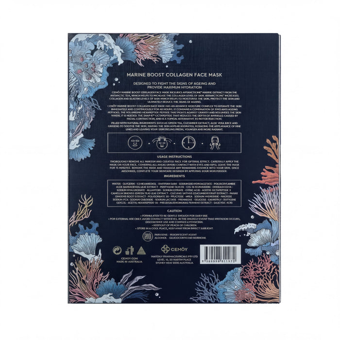 The image is a product packaging for a "Marine Boost Collagen Face Mask". The packaging has a dark blue background with a floral design and includes text and images related to the product.