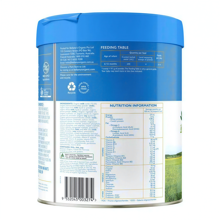 The image is a can of baby food with a blue lid, featuring nutritional information and ingredients.