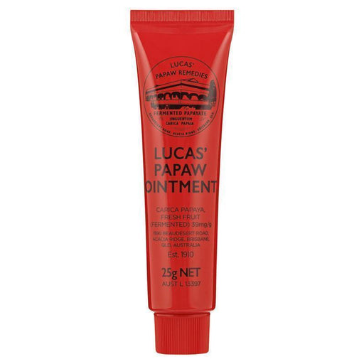 A tube of red papaya-flavored ointment with the brand name "Lucas' Papaw Remedies" printed on it.