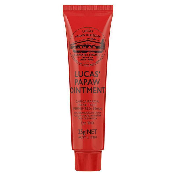 A tube of red papaya-flavored ointment with the brand name "Lucas' Papaw Remedies" printed on it.