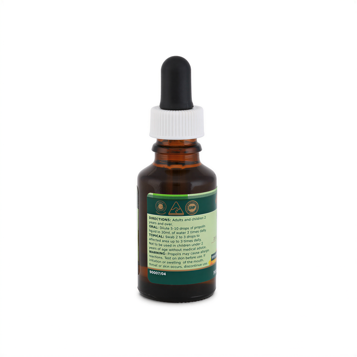 A brown glass bottle with a black dropper and a white cap, containing a liquid that appears to be a medical or herbal product.