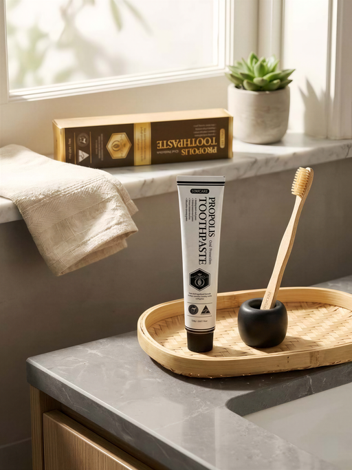 a toothpaste tube, a toothbrush, and a potted plant on a bathroom counter.