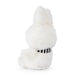 A white stuffed bunny toy with a black and white striped collar.