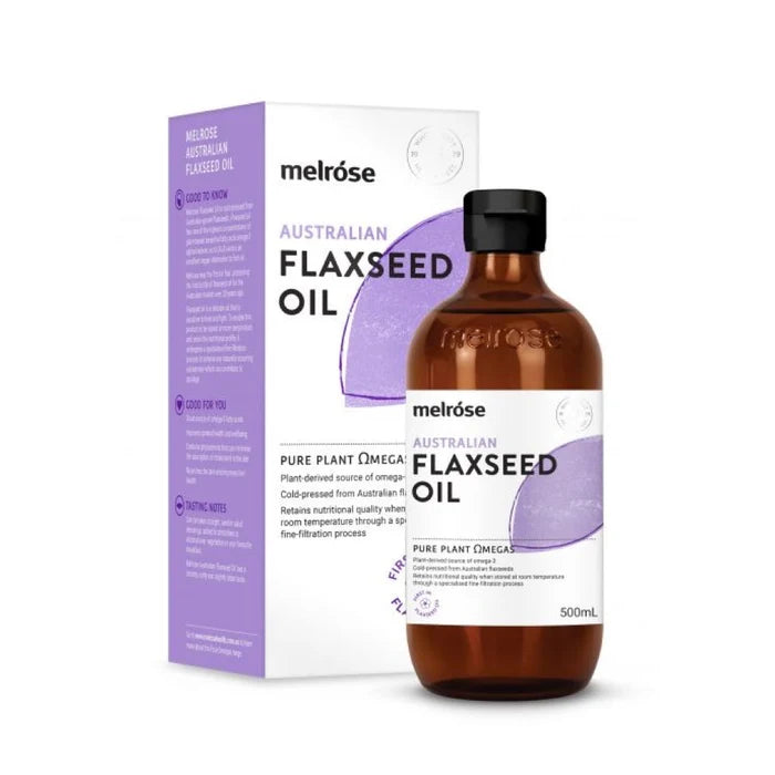 a bottle of Australian Flaxseed Oil and its packaging, which is purple and white.