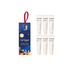 a set of six tubes of Jurlique hand care products, each with a different scent, arranged in a row. The tubes are white and have a red ribbon attached to them. The packaging for the products is blue and features a floral design.
