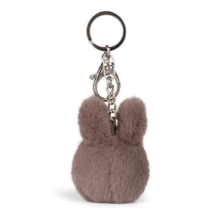 A keychain in the shape of a small, furry animal, possibly a bunny or a squirrel, with a metal clasp attached to it.