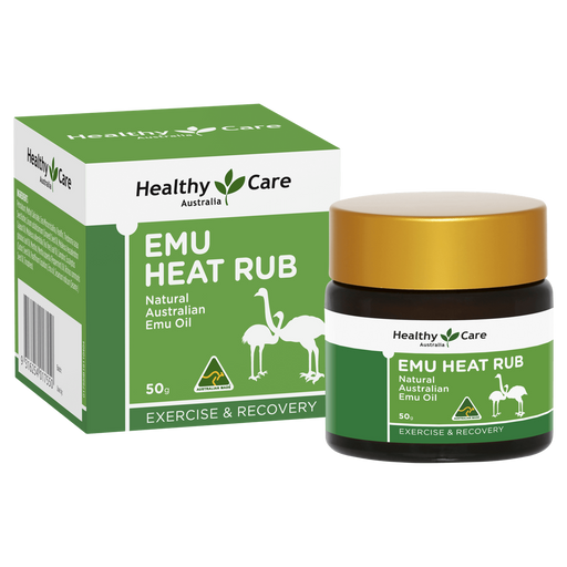 a box and a jar of Emu Heat Rub, a natural Australian emu oil product, from Healthy Care Australia.