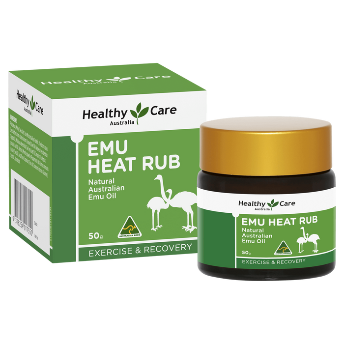 a box and a jar of Emu Heat Rub, a natural Australian emu oil product, from Healthy Care Australia.