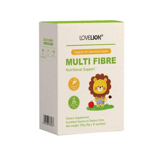 The image is a box containing a product called "MULTI FIBRE" that is a dietary supplement for supporting digestive health.