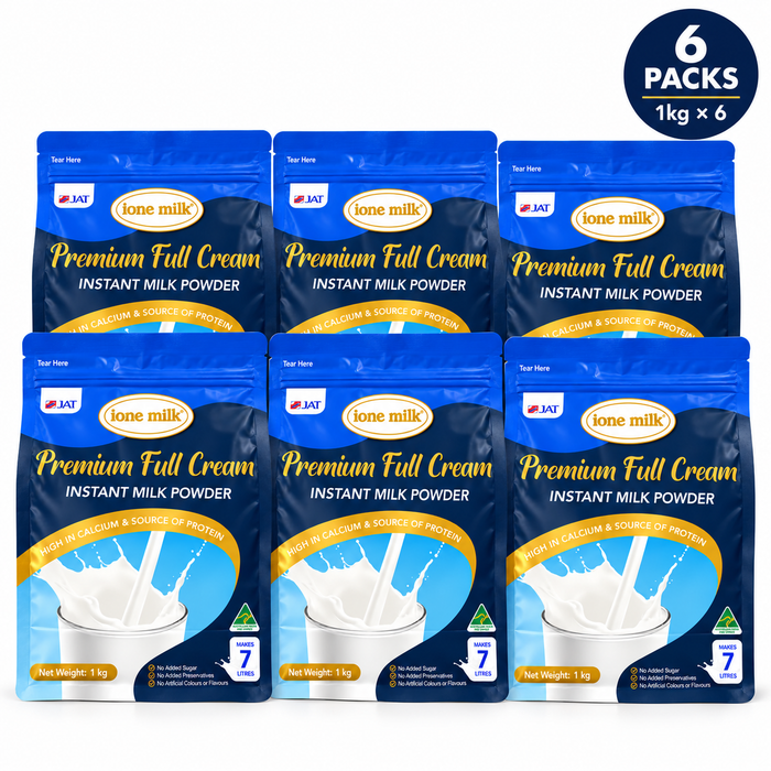 six packages of Ione milk Premium Full Cream instant milk powder, each weighing 1 kilogram.