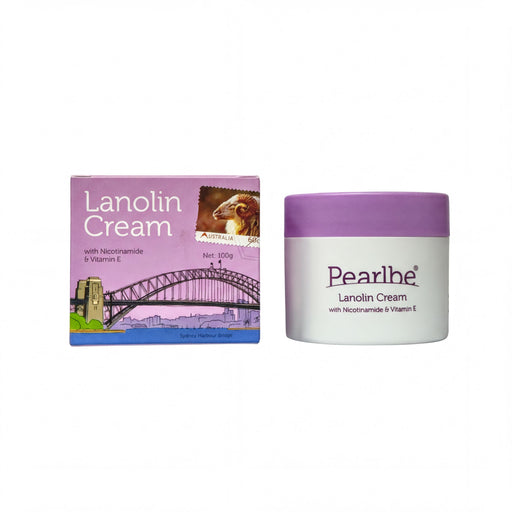 a box of Lanolin Cream and a jar of the same product, both with purple and white colors.