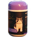 a purple and black jar with a picture of a cat on it.