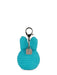 A turquoise-colored keychain with a silver metal clasp and a small tag attached to it.