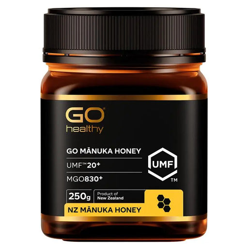 a bottle of GO Healthy Manuka Honey, a product of New Zealand.