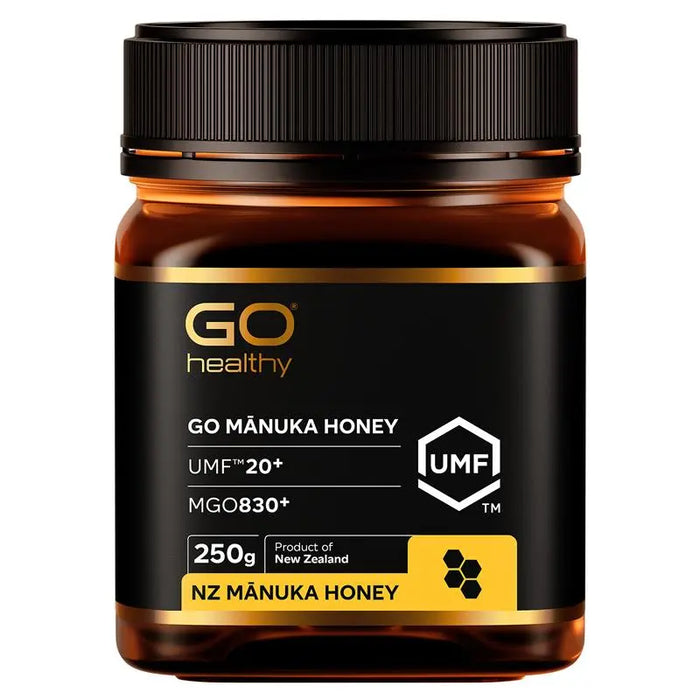 a bottle of GO Healthy Manuka Honey, a product of New Zealand.